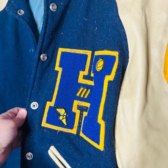 Vintage Hatchers Blue Gold 60s Letterman H University Leather Wool Jacket size S - Picture 12 of 12